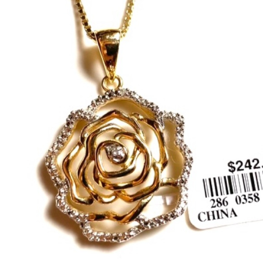 14K Gold Over Sterling Silver Flower Pendant With Diamond Accents - Picture 3 of 7